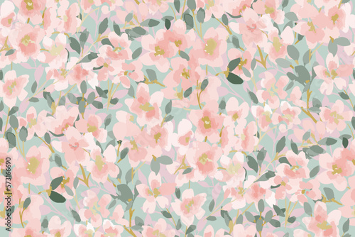 Spring summer green delicate seamless pattern with blooming apple tree or sakura.