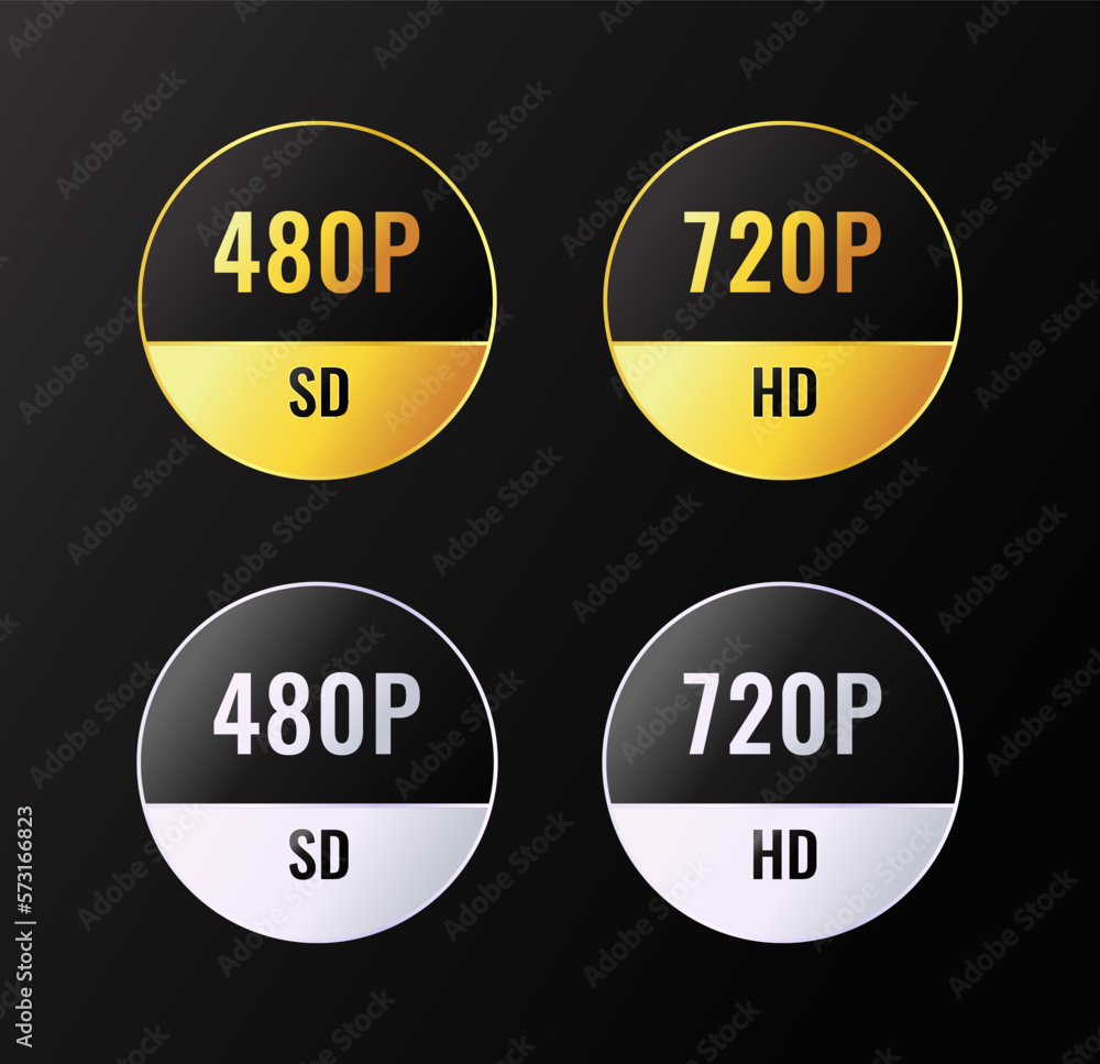 Set of video resolution badge labels in clean minimal style, gradient silver and gold color. Set of video resolution badge labels in clean minimal style, gradient silver and gold color.