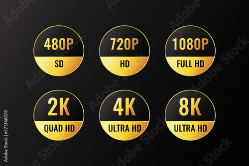 480p, 720p, 1080p, 2k, 4K, 8k Ultra HD logos with HDR mention, monitor display resolution gold round sticker badge design.
