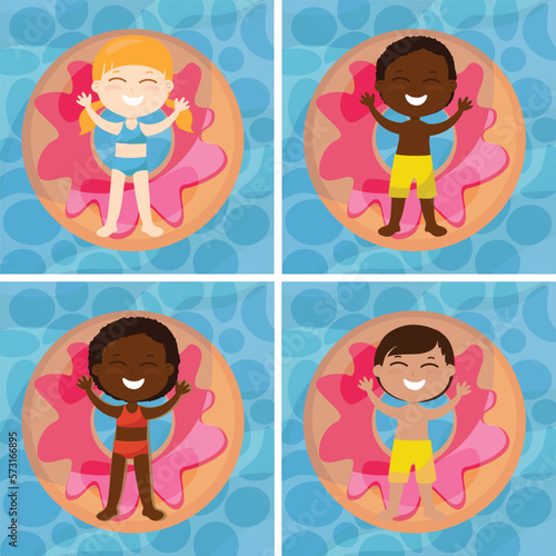 A set of cute children float on an inflatable circle in the form of a donut. Boys and girls are dressed in swimsuits and shorts. Summer illustration in cartoon style.