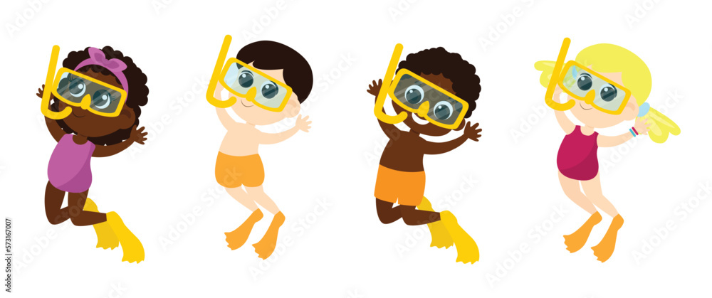 Set of cute kids aqua divers in cartoon style isolated on white background. Boys and girls are dressed in swimsuits and shorts and wear a mask and snorkel. Set of cute kids aqua divers in cartoon style isolated on white background. Boys and girls are dressed in swimsuits and shorts and wear a mask and snorkel.