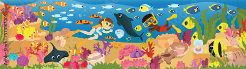A boy and a girl aqua divers swim underwater with fish. Rich underwater world and many fish, algae and plants. Horizontal scene near coral reefs in cartoon style.