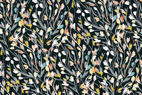 Night feminine seamless pattern with hand drawn paint wildflowers on dark background