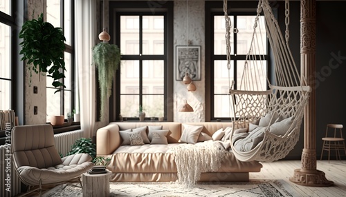 beautiful livingroom interior with macrame pattern