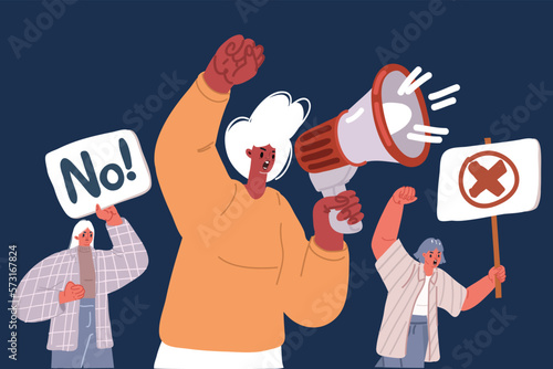 Illustration of Politics Protest and revolution. No WAR .Riot Mass protest crowd demonstrators with banners and flags. Manifestation crowds people with raised hands and banners or.