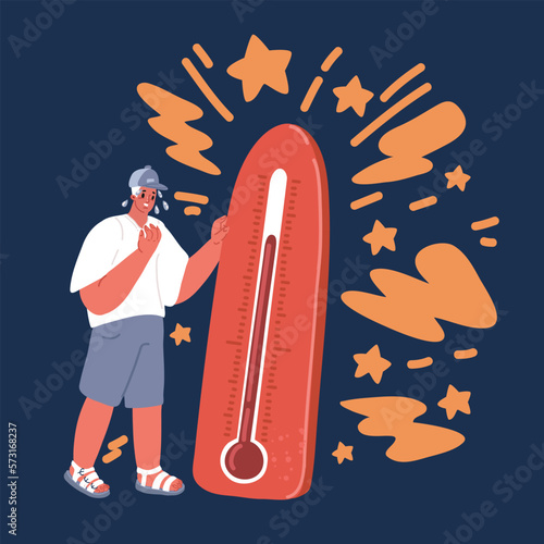 Vector illustration of Man suffering from heat and sweaty holding temperature. Hot summer day.