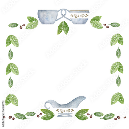 Watercolor hand drawn border frame porcelain and gold coffee cups, roasted beans, green leaves, creamer. Isolated on white background For invitations, cafe, restaurant food menu, print, website, cards