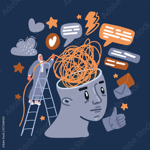 Cartoon vector illustration of Help tangled minds. Woman unravel disorder mental threads of teenager woman, treatment anxiety mind obsessive brain psychology counseling