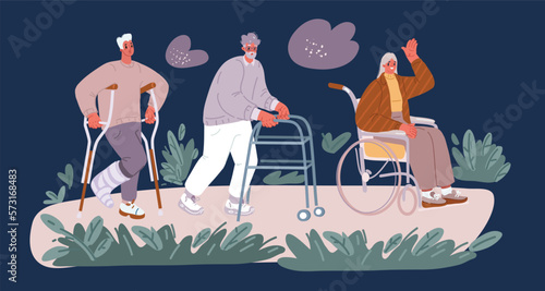 Cartoon illustration of Disabled people, handicapped characters volunteers, diverse students, disabled girl in wheelchair, blind woman. Friends together. Group of people