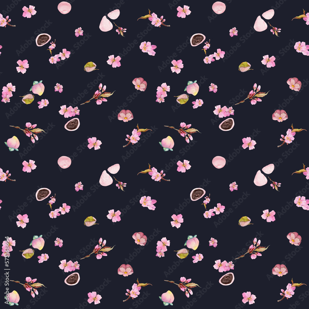 custom made wallpaper toronto digitalWatercolor seamless pattern with hand drawn traditional Japanese sweets. Wagashi, mochi, sakura blossom. Isolated on color background. Invitations, restaurant menu, greeting cards, print, textile