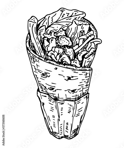Shawarma, doner kebab sketch vector icon. Turkish fast food with meat and vegetables in pita bread. Meal on the grill of shawarma illustration. Take and go.