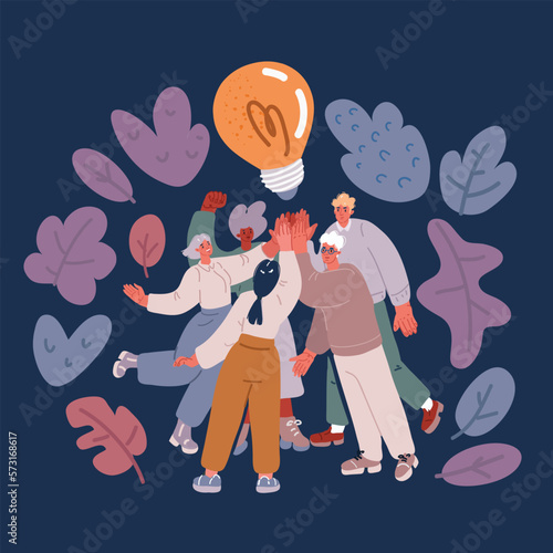 Vector illustration of Happy people giving high five. Friends greeting or supporting each other. Informal hi gesture. Concept of friendship, partnership and success.