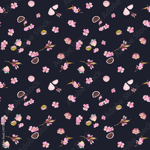 Wallpaper Mural Watercolor seamless pattern with hand drawn traditional Japanese sweets. Wagashi, mochi, sakura blossom. Isolated on color background. Invitations, restaurant menu, greeting cards, print, textile Torontodigital.ca