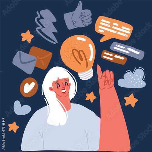 Vector illustration of woman light bulbs are floating around her head.