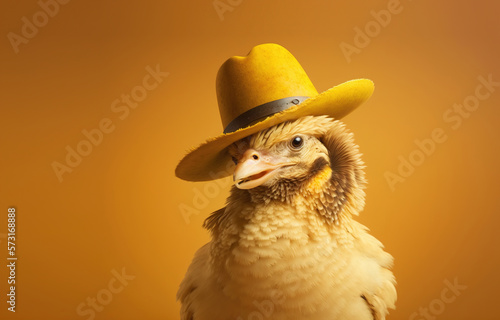 Cute little chick in a straw hat isolated on yellow background. Generation AI