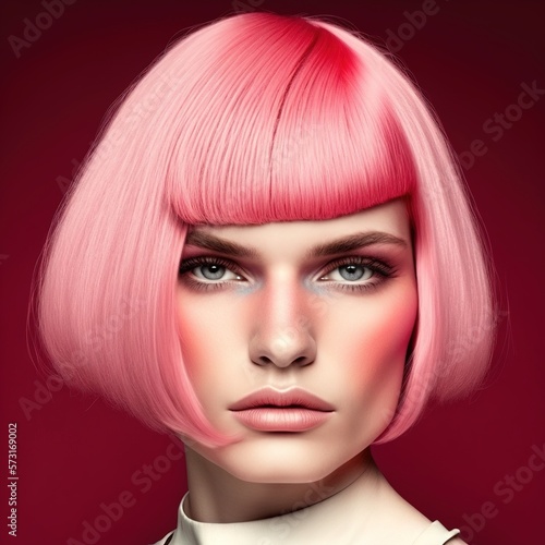 portrait of a young woman in a pink wig. Isolated. Generation AI