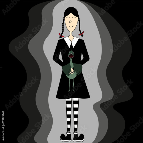 Banner with girl in black dress with scary toy in hands. 
