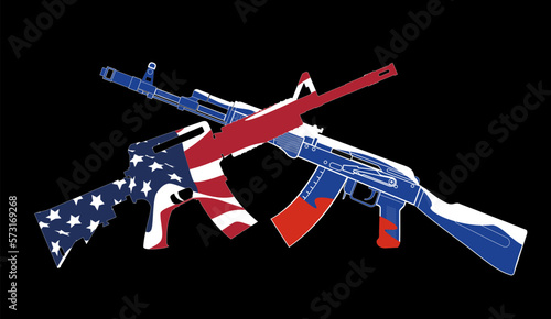 two crossed American M16 assault rifles and ussian Kalashnikov assault rifle photo