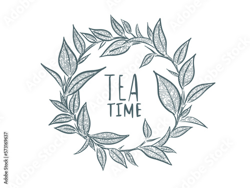 Green tea leaves. Hand drawn, vector.	
