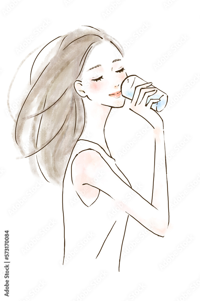 水分補給をする爽やかな表情の女性 美容イラスト