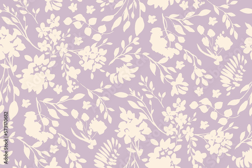 bicolor contour silhouette seamless pattern with flowers and leaves. Abstract floral spring, summer pattern.