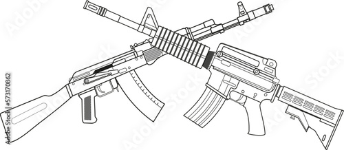 two crossed American M16 assault rifles and Russian Kalashnikov assault rifle