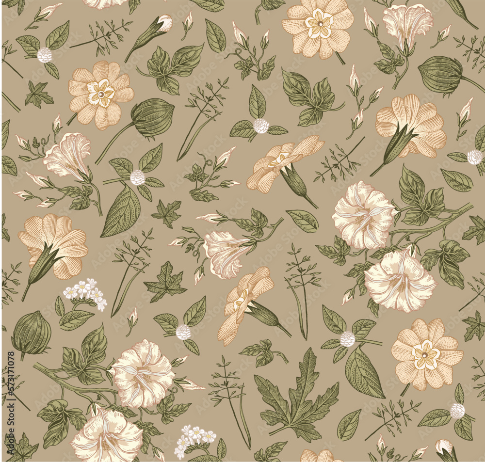 Seamless pattern. Beautiful fabric blooming realistic isolated flowers. Vintage background primrose petunia wildflowers. Wallpaper baroque retro Drawing engraving sketch. Vector victorian Illustration Seamless pattern. Beautiful fabric blooming realistic isolated flowers. Vintage background primrose petunia wildflowers. Wallpaper baroque retro Drawing engraving sketch. Vector victorian Illustration