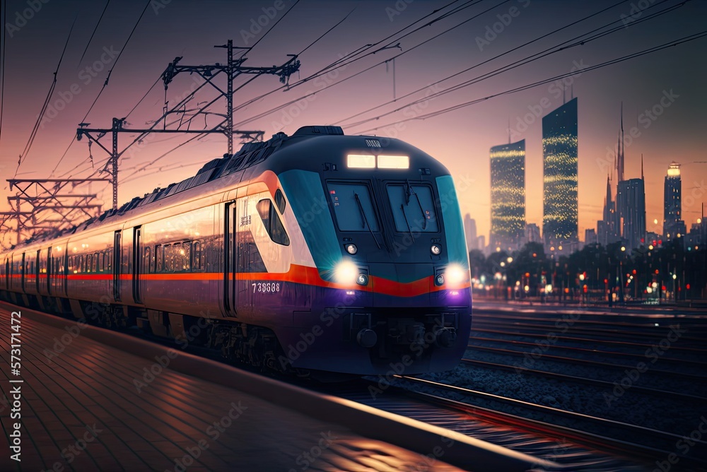 Front view of fast moving modern passenger train on railway platform at sunset with city in background. Commercial transportation, future logistics, modern technology, transport concept. AI generative Front view of fast moving modern passenger train on railway platform at sunset with city in background. Commercial transportation, future logistics, modern technology, transport concept. AI generative
