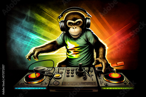 Cool monkey dj works at the dj console. AI generated.