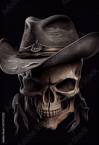 Human skull in a cowboy hat. AI generated.