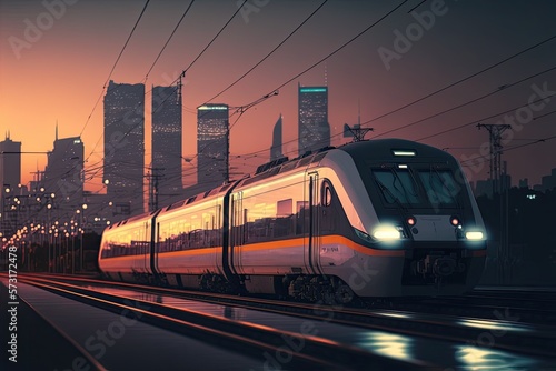 Front view of fast moving modern passenger train on railway platform at sunset with city in background. Commercial transportation, future logistics, modern technology, transport concept. AI generative