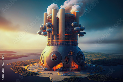 A Pressurized water reactor type nuclear power plant for fusion power generation that powers an imaginary super-future city. Generative Ai photo