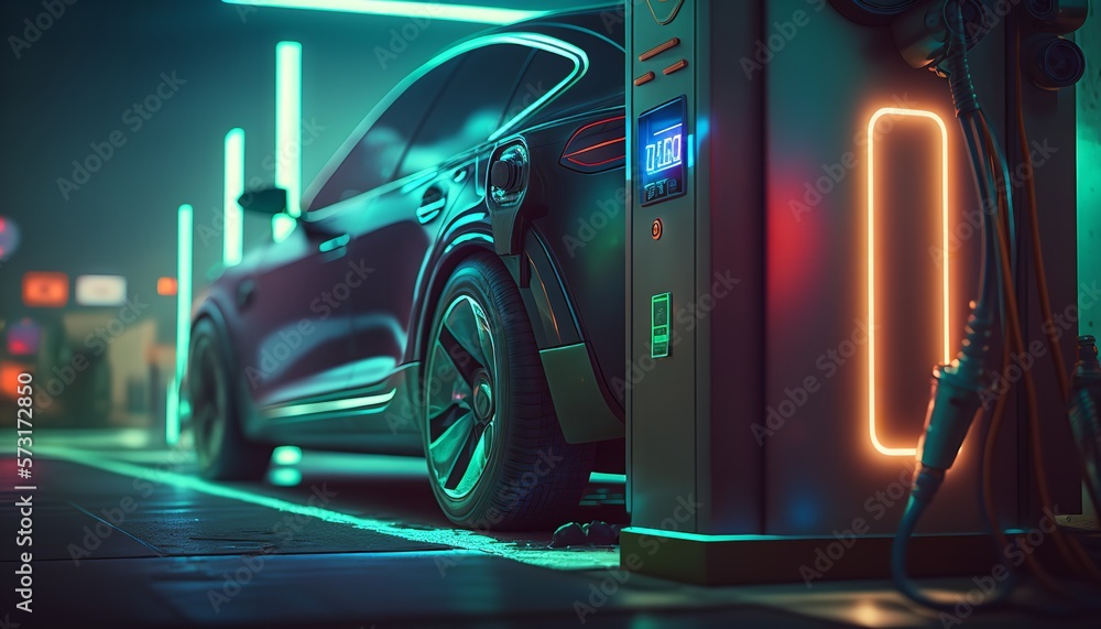 An urban gas station with an electric car charging, an industrial backdrop, neon lighting, and a clean atmosphere free of pollutants. Generative Ai.