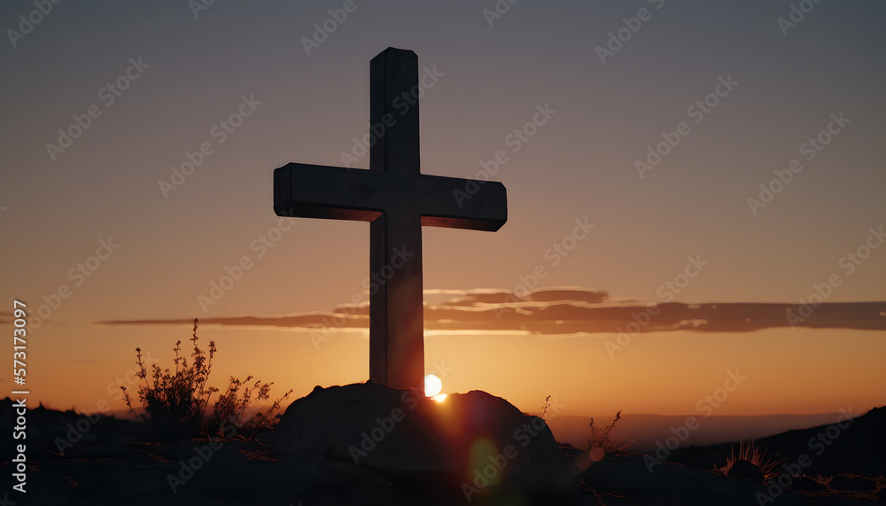 Empty tomb, resurrections of Jesus Christ. Easter themed image. Cross At Sunset.