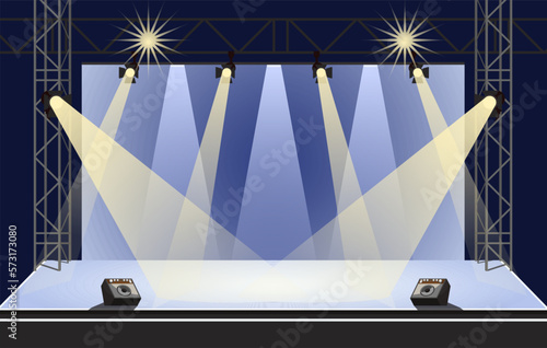 Empty podium in nightclub. Nobody on dance club stage. Promotion show with spotlights. Nobody on scene for party with music speakers. Dark blue background interior indoor studio. Vector illustration