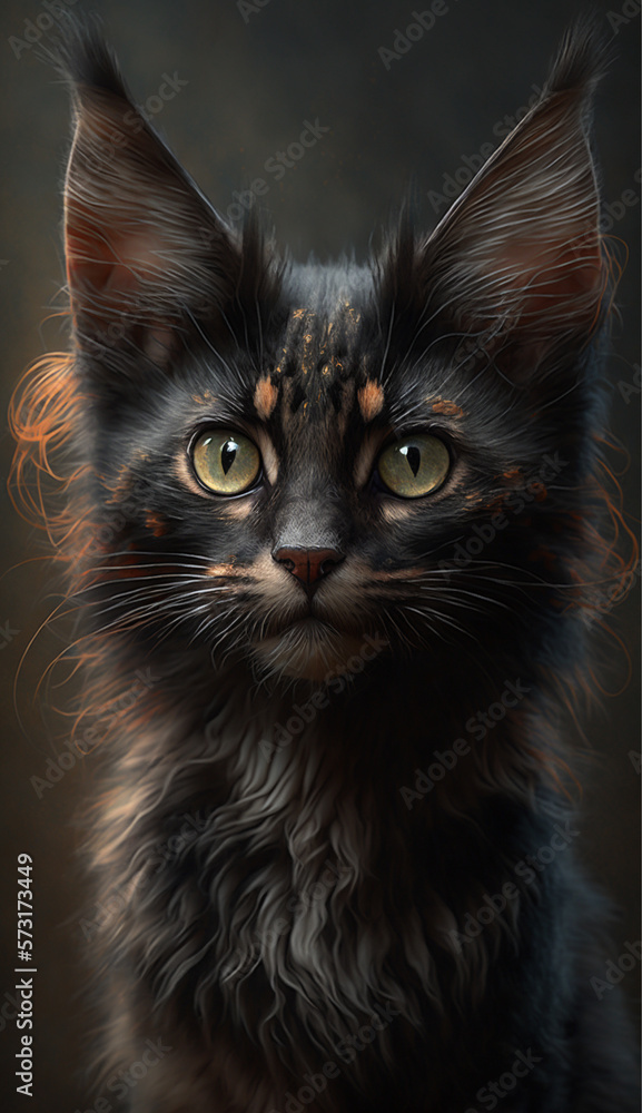 Fototapeta premium Portrait cute furry black kitty cat, generative AI