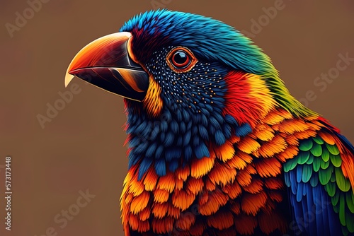 Extreme closeup of a multicolored parro in a vertical orientation. Generative AI photo