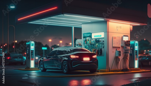 An urban gas station with an electric car charging, an industrial backdrop, neon lighting, and a clean atmosphere free of pollutants. Generative Ai. © MinixT