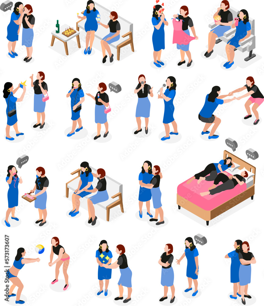 Fototapeta premium Female Friends Isometric Icon Set
