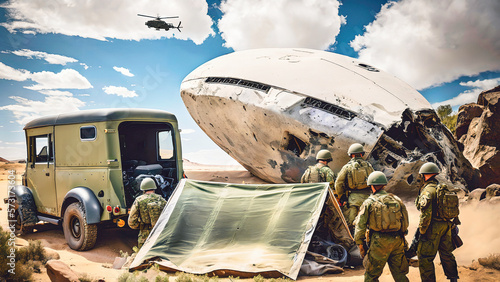 Roswell incident recovery action with old military truck some soldiers and green army tent in front of big round silver white ufo alien space ship crash site helicopter flying in sky, generative AI photo