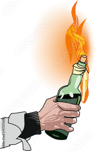 hand holding a burning bottle of molotov cocktail