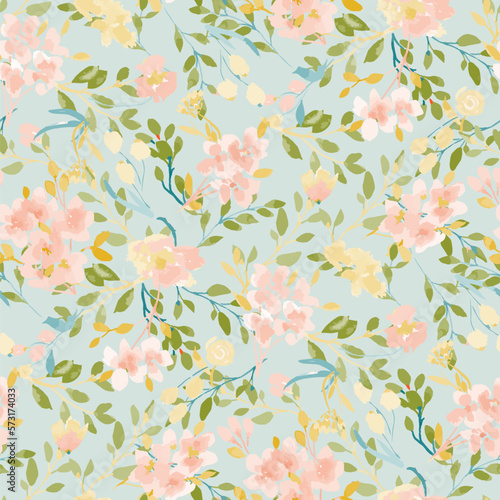 Spring summer green delicate seamless pattern with blooming apple tree or sakura.