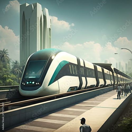 Futuristic Metro Rail Network & Train, Generative AI photo