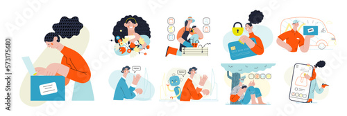 Online shopping and electronic commerce illustrations set - modern flat vector concept illustration of people and objects on online shopping. Promotion, discounts, sale and online orders concept