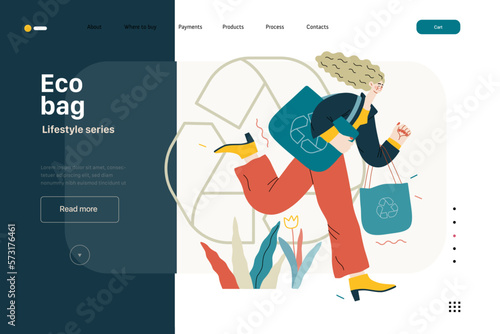 Lifestyle website template - Eco bag - modern flat vector illustration of woman holding her eco bags and recycle sign, ecology metaphor. People activities concept
