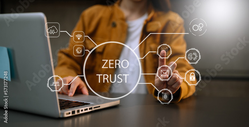 Zero trust security concept Person using computer and tablet with zero trust icon on virtual screen of Data businesses..