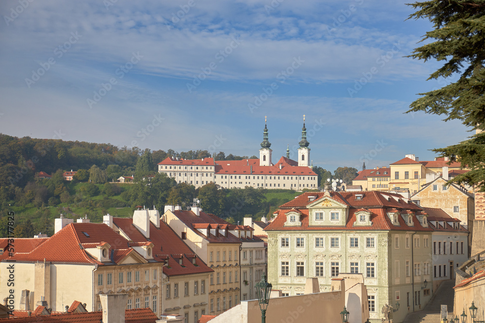 Distant view of the monastery of Strahov over the city of Prague, Czech Republic.