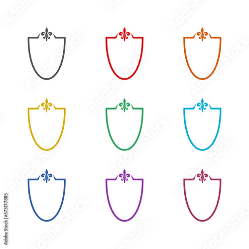 Coat of arms with fleur de lis icon isolated on white background. Set icons colorful