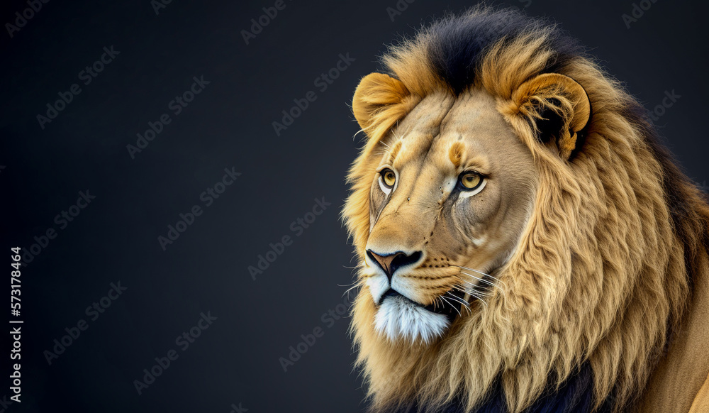 Portrait of lion on dark background. Menacing stare African lion. Portrait African lion on black background. Wild cats background. copy space. Generative AI
