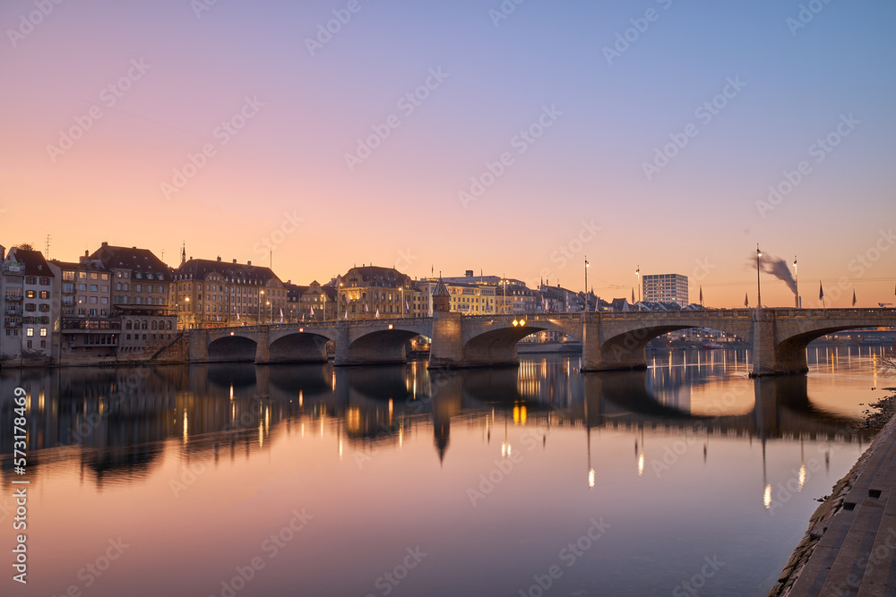 Beautiful sunset on the banks of the Rhine River, in the city of Basel, Switzerland.